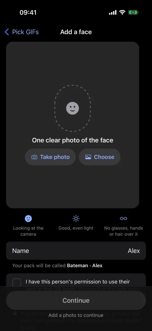 GifChat app: the Add a face screen, with Take photo and Choose buttons