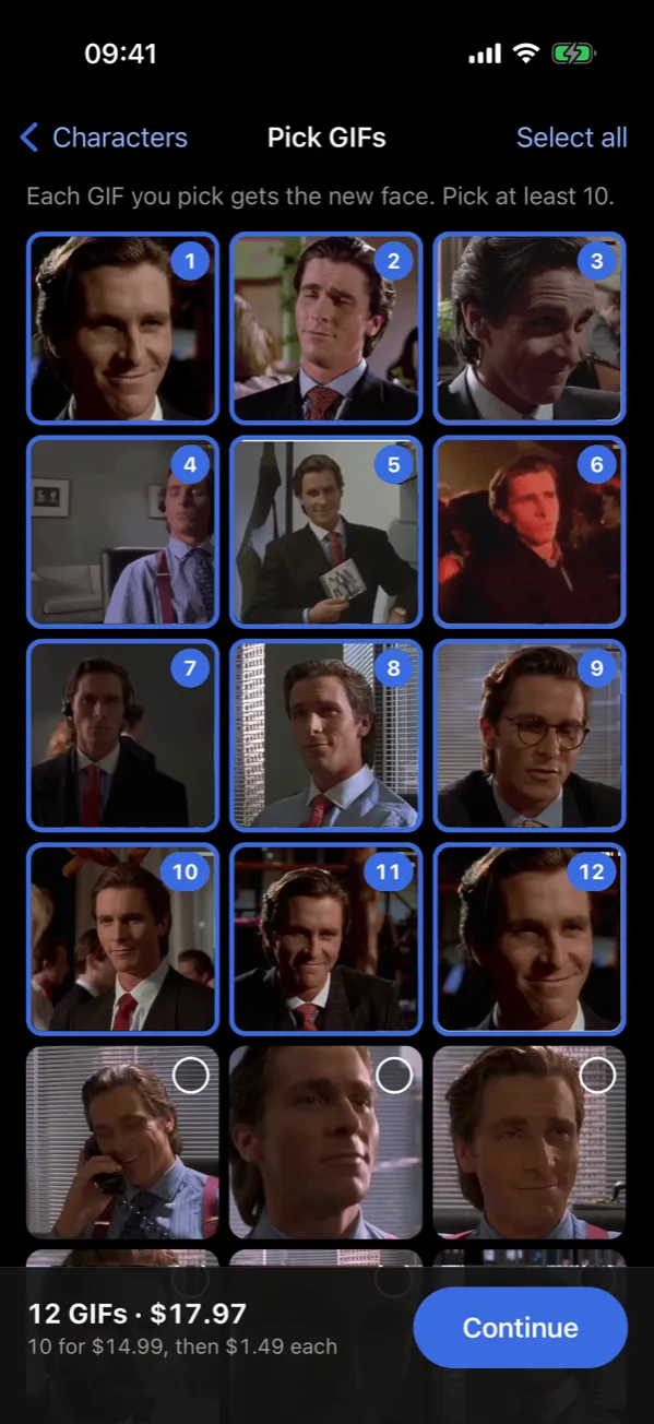 GifChat app: picking 12 Patrick Bateman GIFs, total shown at the bottom