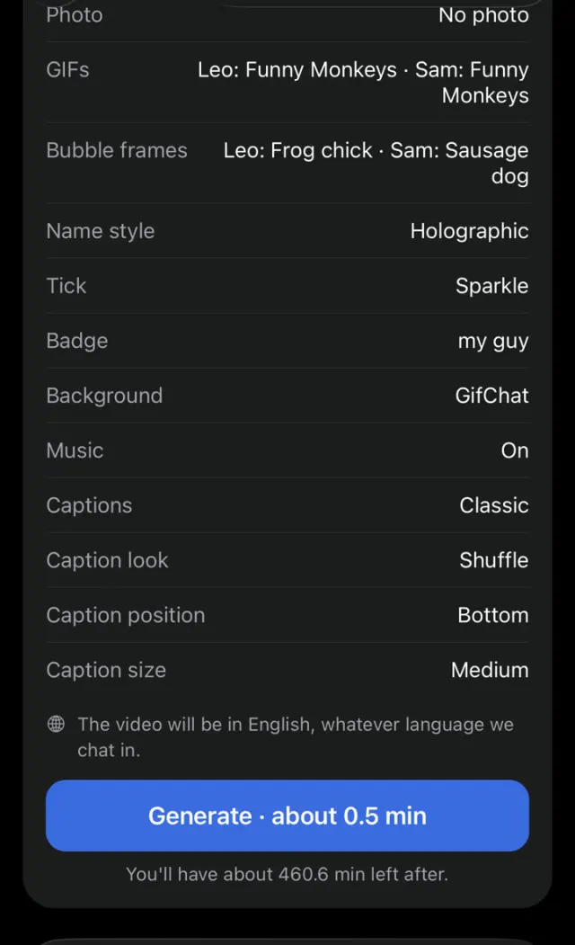 Make it with AI summary before generating: photo, GIF packs, bubble frames, name style, background, music, captions, then Generate about 0.5 min
