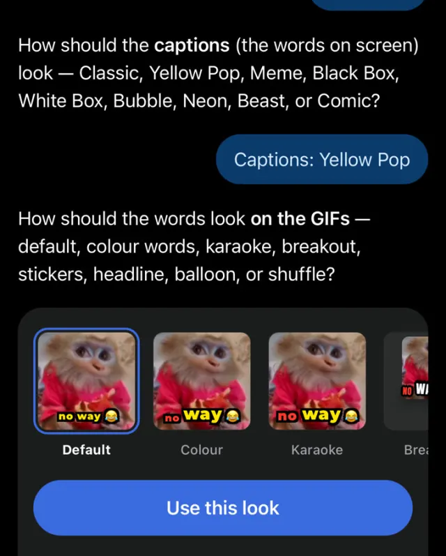 Make it with AI asks how captions should look, then shows Default, Colour and Karaoke previews on monkey GIFs