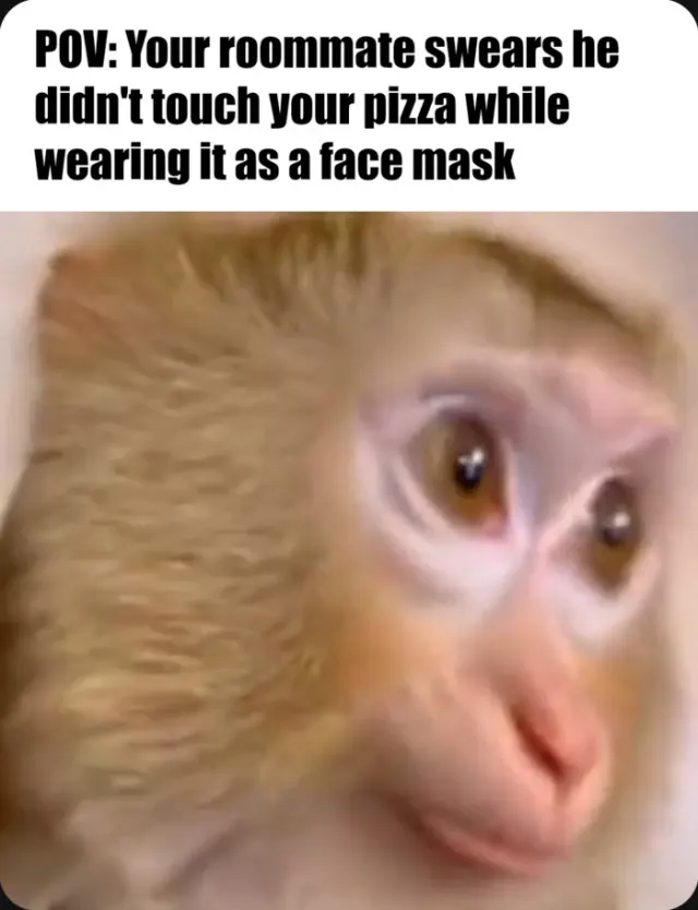 AI meme: POV, your roommate swears he didn't touch your pizza while wearing it as a face mask