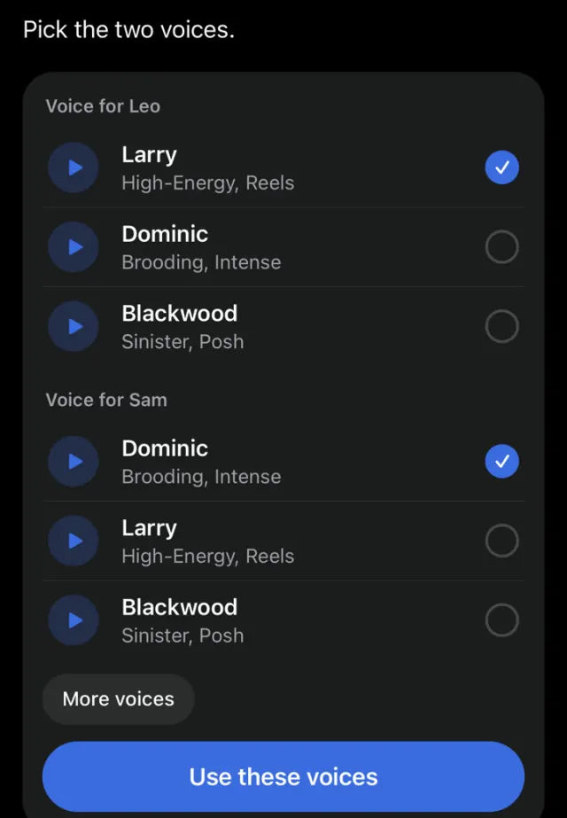 Voice picker: Larry (High-Energy, Reels), Dominic (Brooding, Intense), Blackwood (Sinister, Posh) for each of the two characters